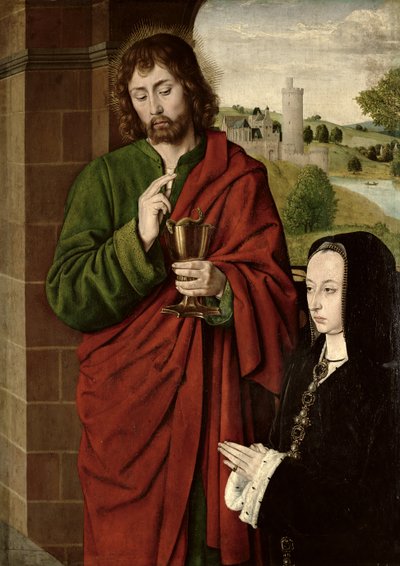 Anne of France (1462-1522) Lady of Beaujeu, Duchess of Bourbon, presented by St. John the Evangelist, right hand wing of a triptych, c.1492-93 by Master of Moulins